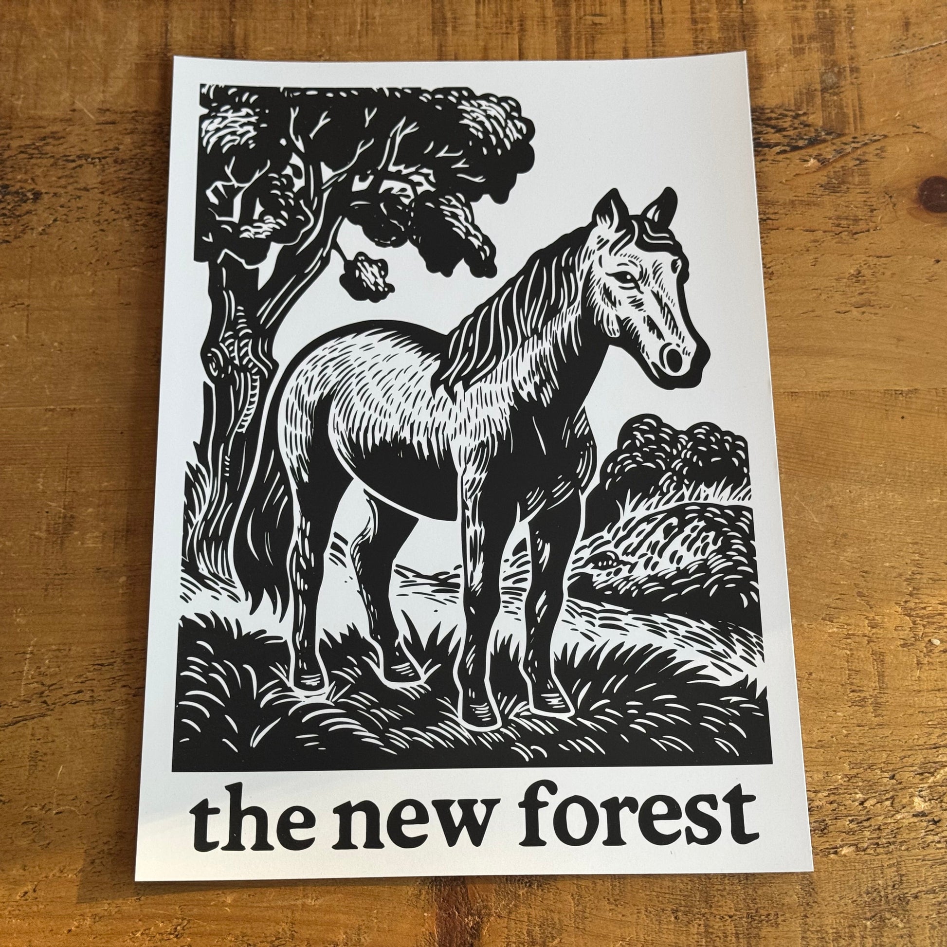 Poster with a horse illustration and 'the new forest' text on a wooden surface