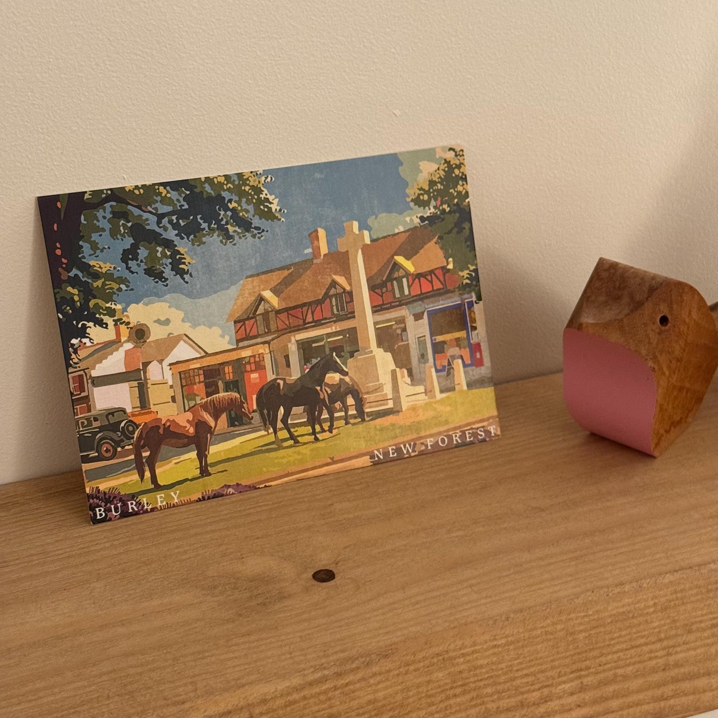 Burley Summer Cross Postcard (Landscape) on Shelf with Bird
