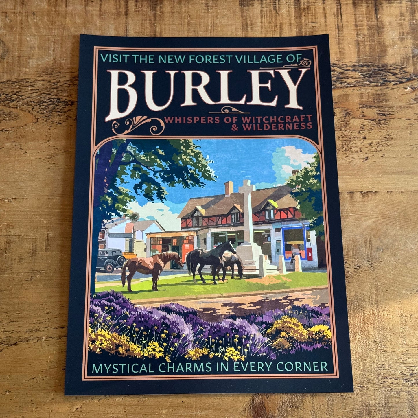 Promotional poster for Burley, featuring a village scene with horses and buildings on a wooden surface.
