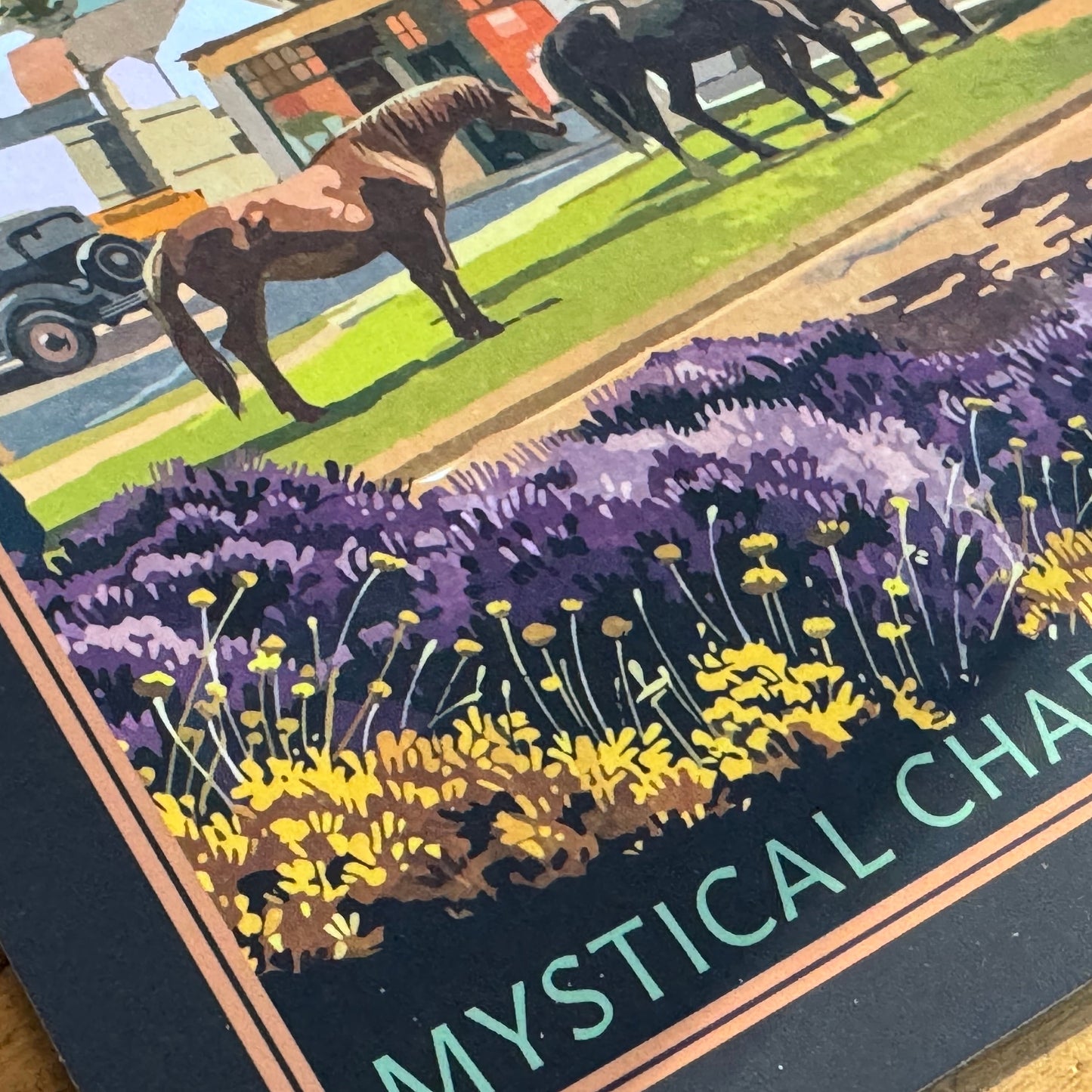 Decorative mat with lavender and yellow flowers, horse, and vintage car design.