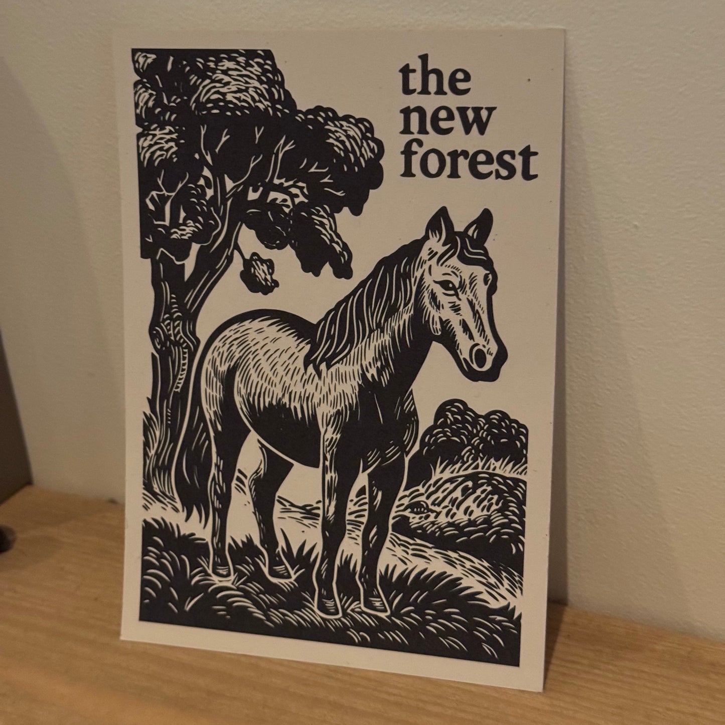 New Forest Pony Block Print Postcard On Oak Shelf