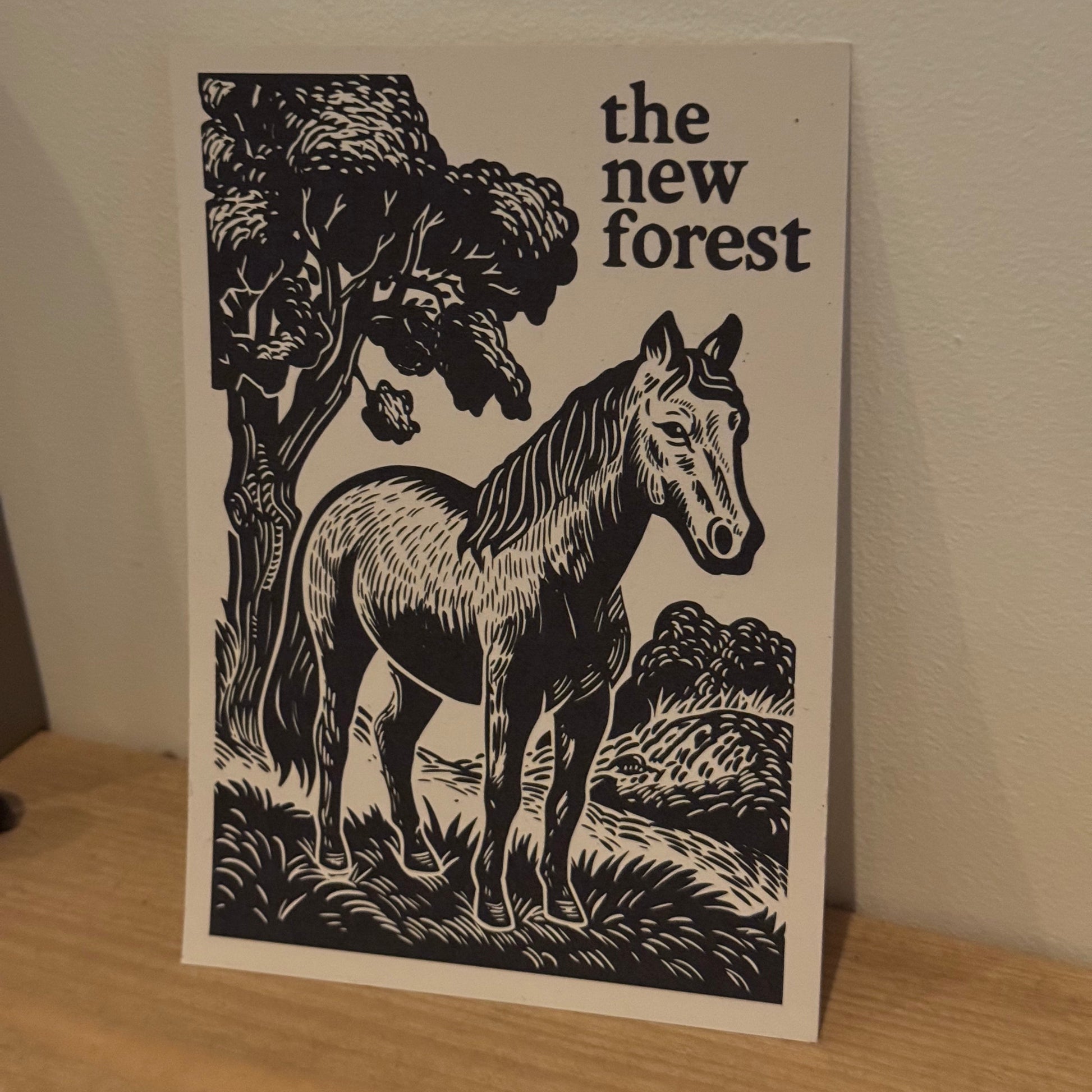 New Forest Pony Block Print Postcard On Oak Shelf