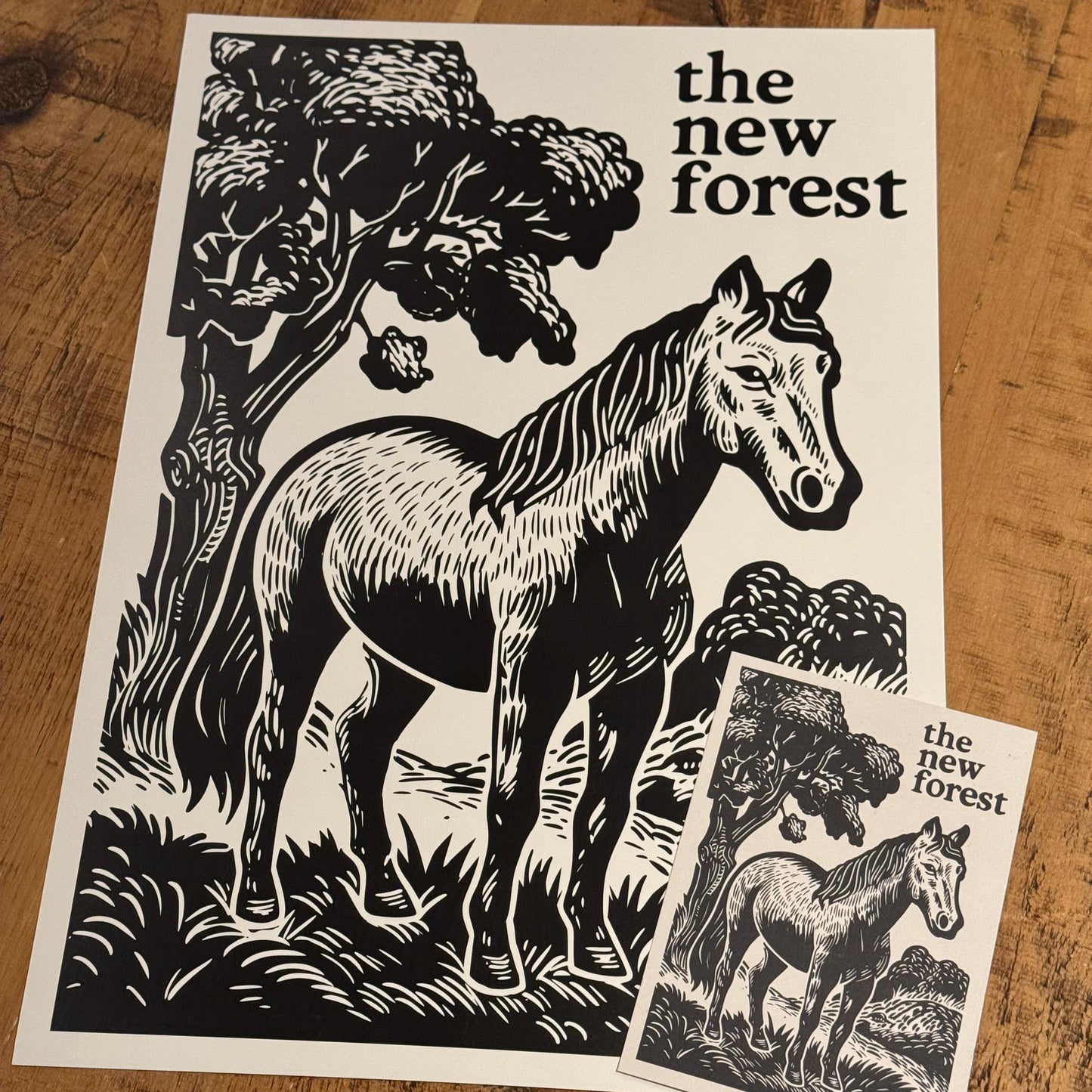 New Forest Pony Block Print Poster and Postcard on Desk