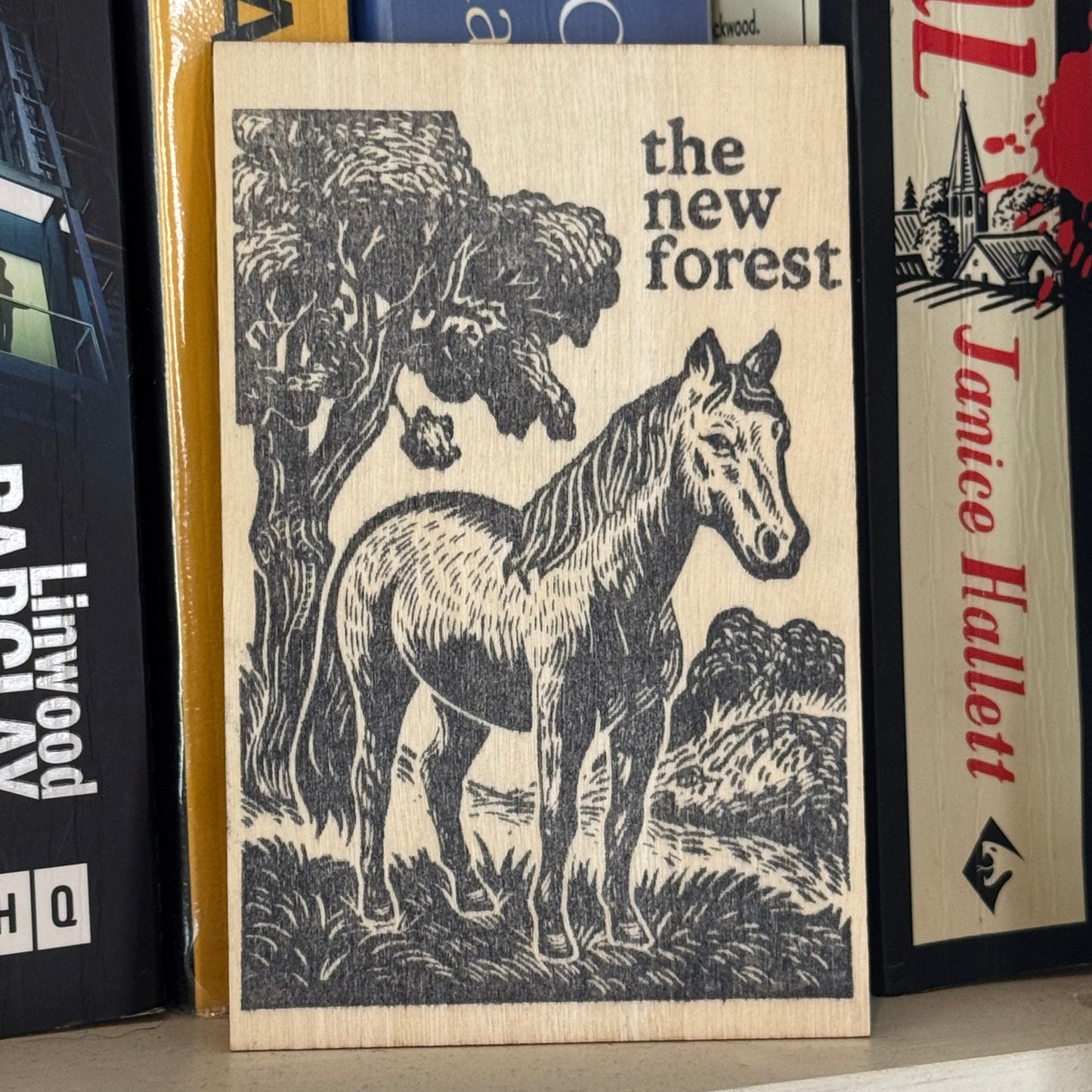 New Forest Pony Block Print Wooden Keepsake on Shelf