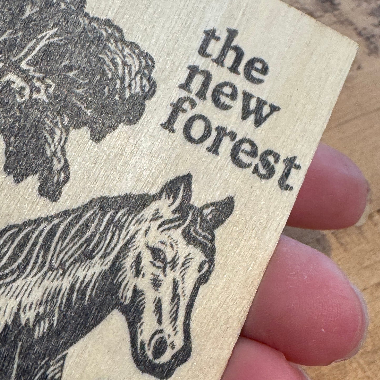 New Forest Pony Block Print Wooden Keepsake Close Up Of "the new forest" text.