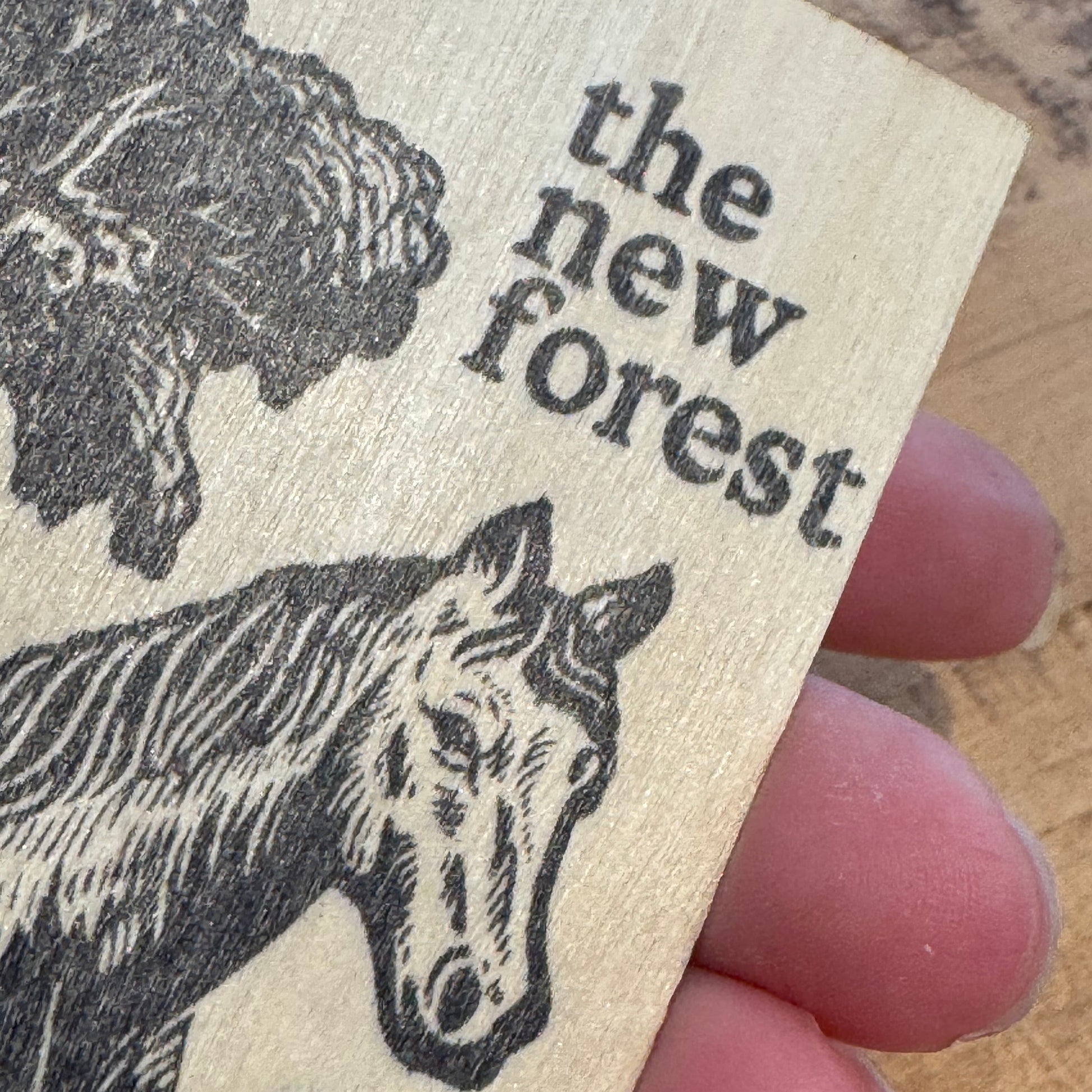 New Forest Pony Block Print Wooden Keepsake Close Up Of "the new forest" text.
