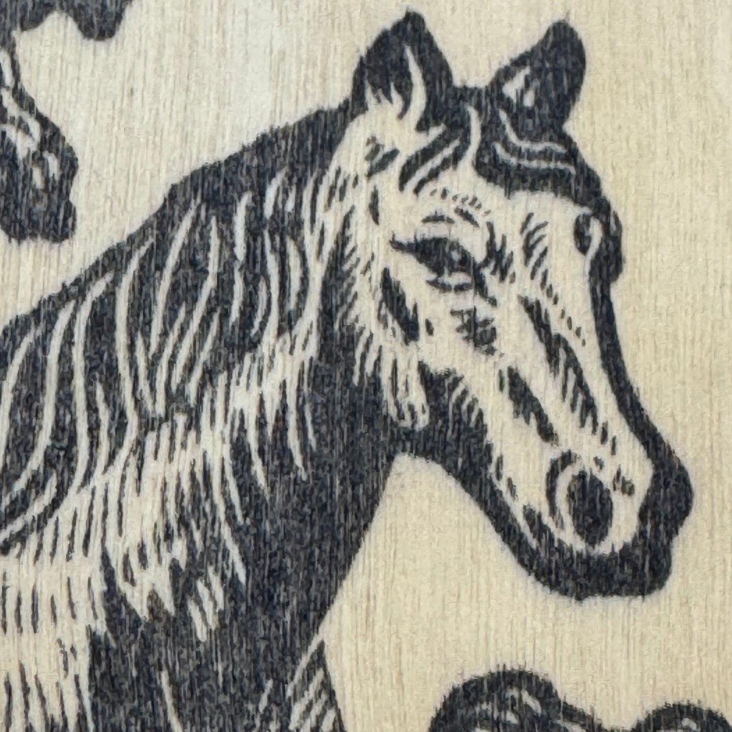 New Forest Pony Block Print Wooden Keepsake Up Close On Pony