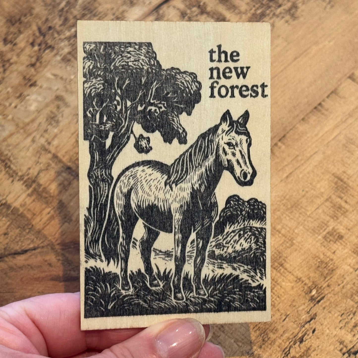 New Forest Pony Block Print Wooden Keepsake being held