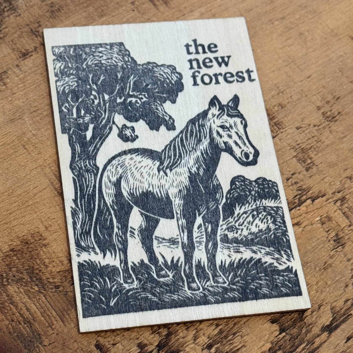New Forest Pony Block Print Wooden Keepsake on Desk